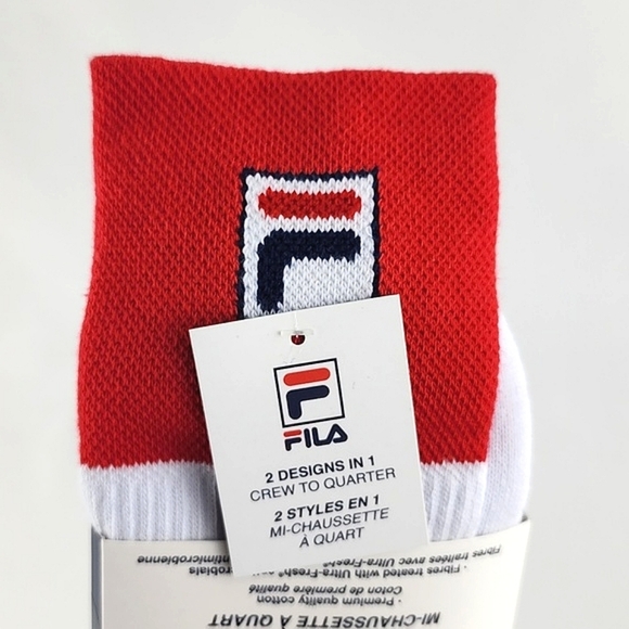 ⭐3/ $30⭐ FILA Heritage Unisex 2 Design In 1 Crew To Quarter Socks White Red - Picture 4 of 8